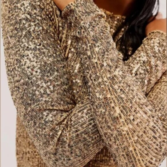 🌞NWT Small Free People Intimately Gold Rush Long Sleeve Sequin Top - Gold, #56 - Picture 5 of 6